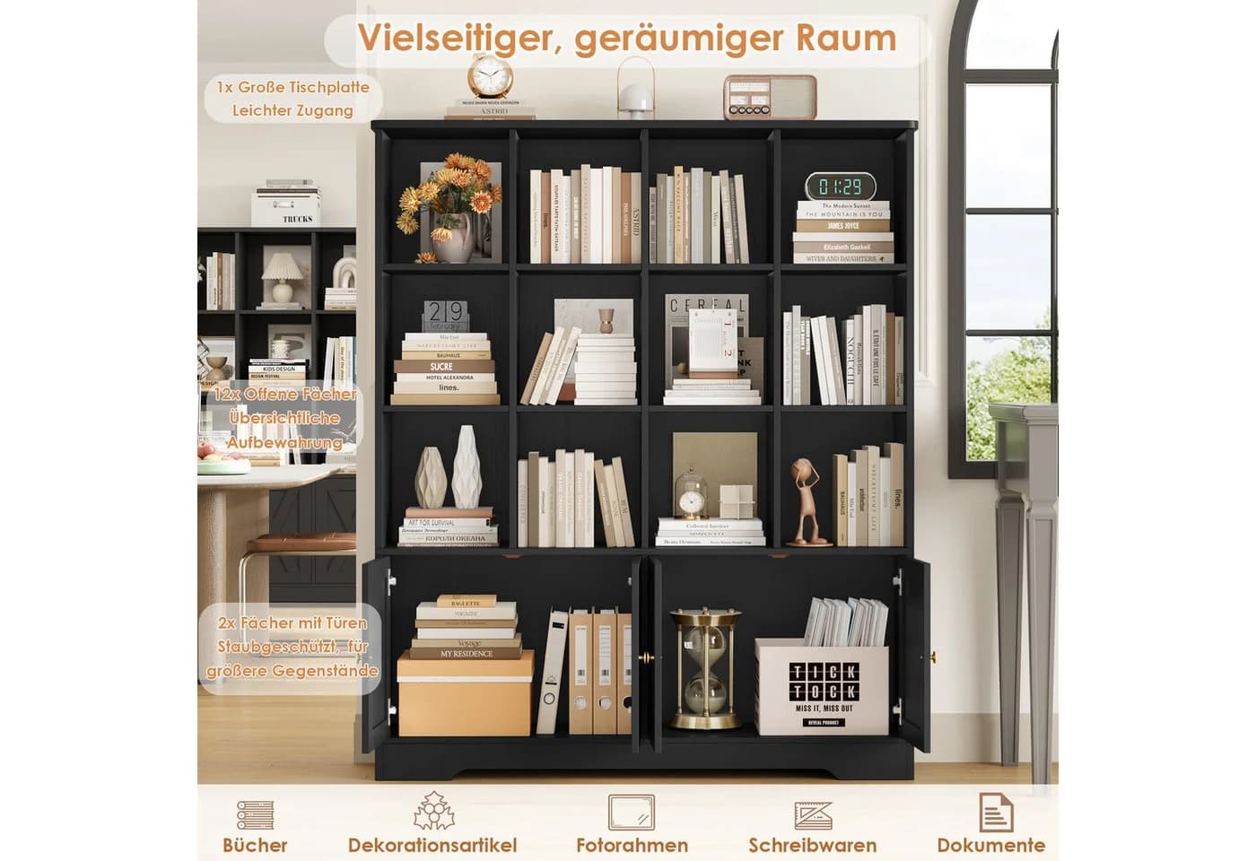 Homfa Bücherregal Standregal mit 12 Fächern und 4 Türen Schwarz - Bild 5