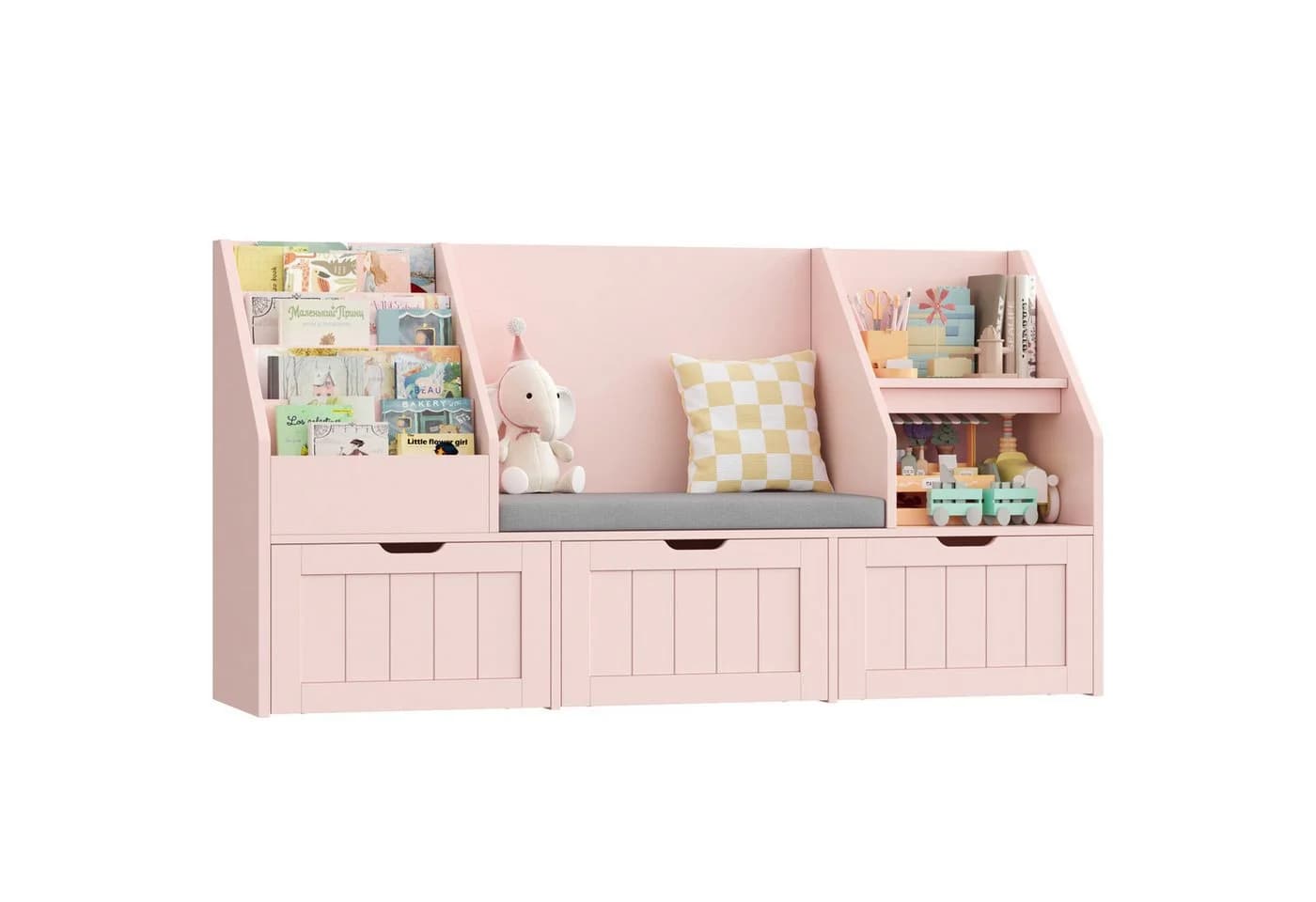 Homfa Kinderregal Sitzbank Rosa/Weiß mit Schubladen & Rädern - Bild 2