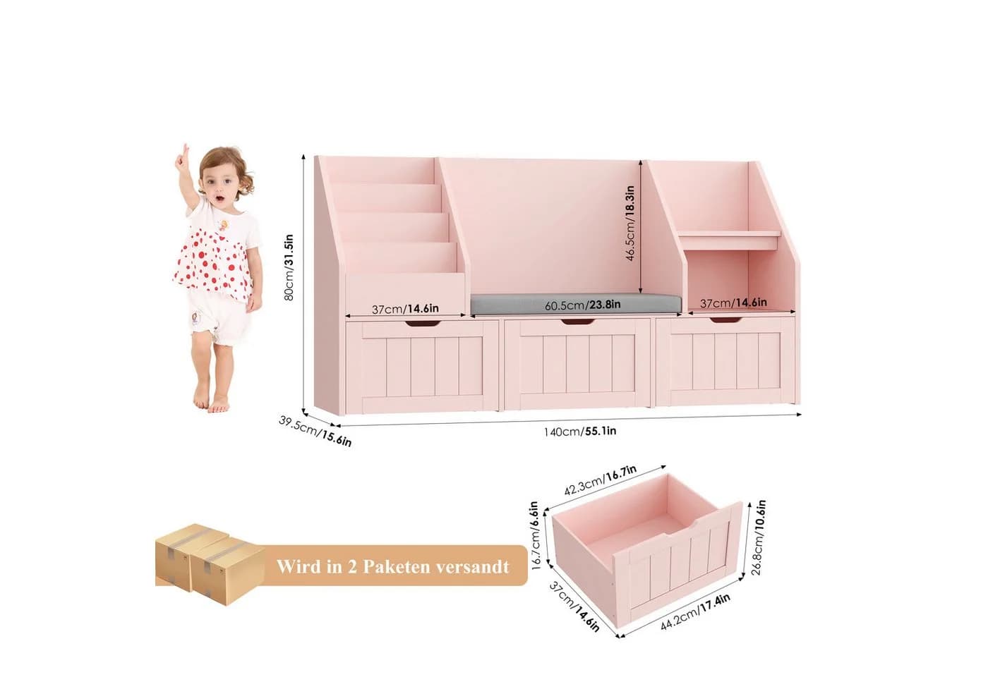 Homfa Kinderregal Sitzbank Rosa/Weiß mit Schubladen & Rädern - Bild 3
