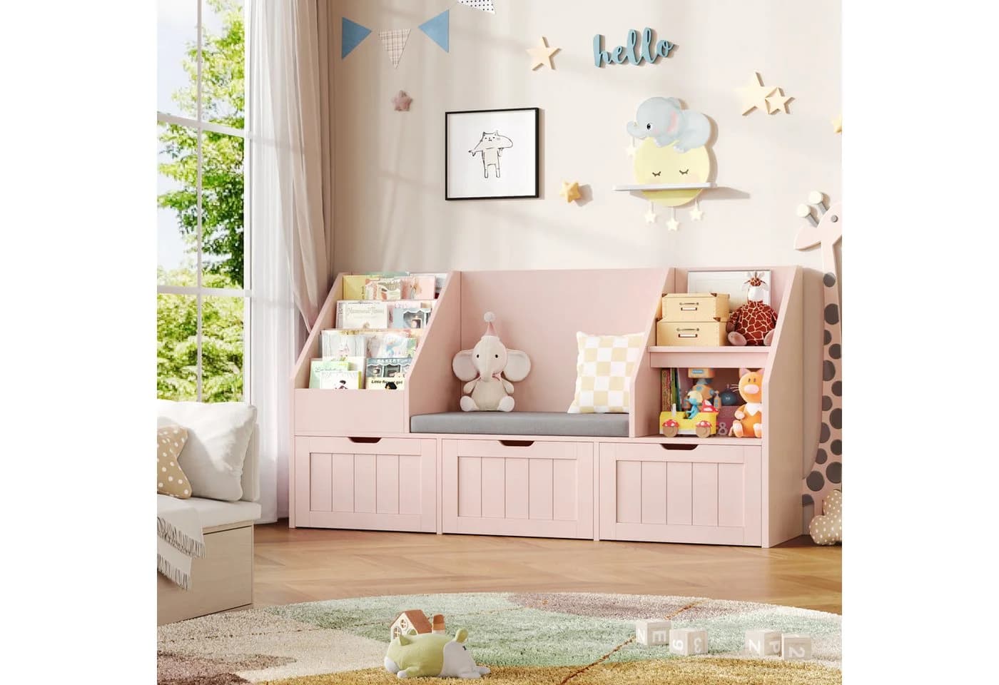 Homfa Kinderregal Sitzbank Rosa/Weiß mit Schubladen & Rädern - Bild 4