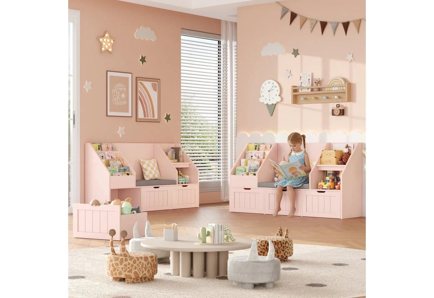 Homfa Kinderregal Sitzbank Rosa/Weiß mit Schubladen & Rädern - Bild 5