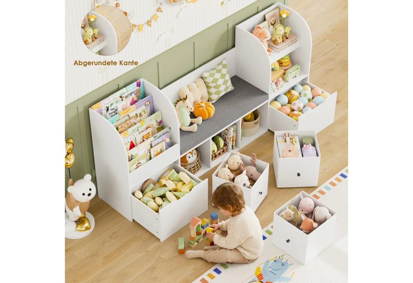 Homfa Kinderregal Sitzbank mit Schubladen & Stoffboxen Weiß/Grün