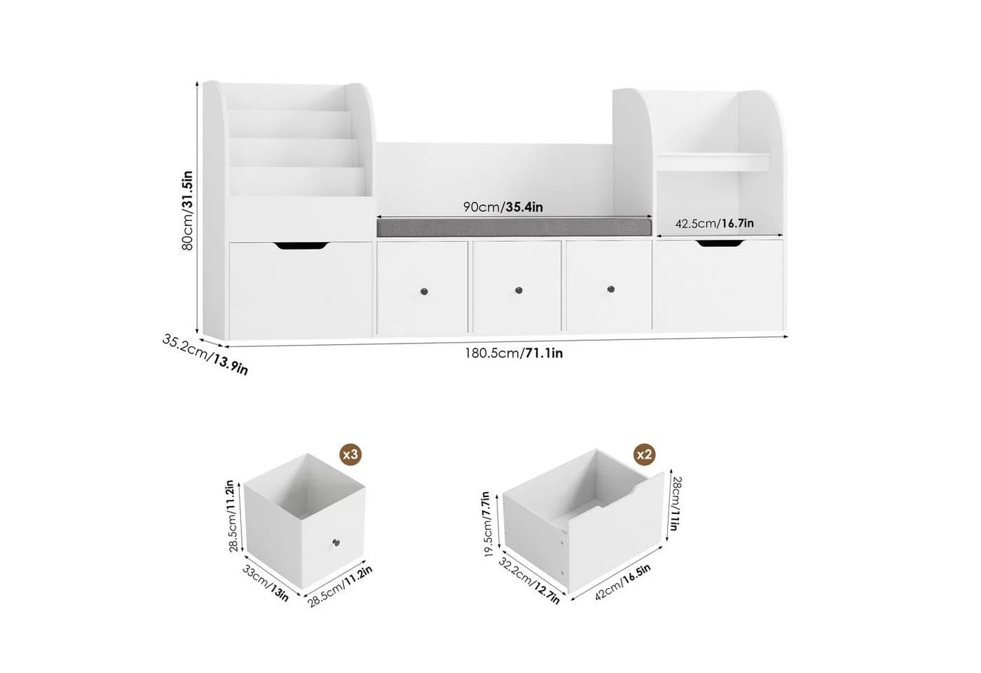 Homfa Kinderregal Sitzbank mit Schubladen & Stoffboxen Weiß/Grün - Bild 3