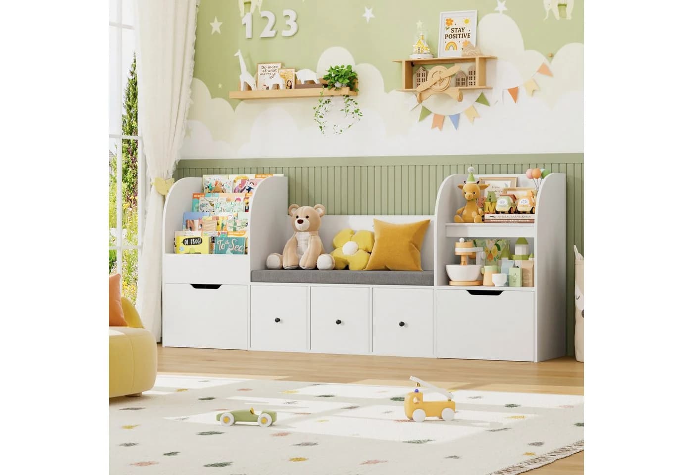 Homfa Kinderregal Sitzbank mit Schubladen & Stoffboxen Weiß/Grün - Bild 4