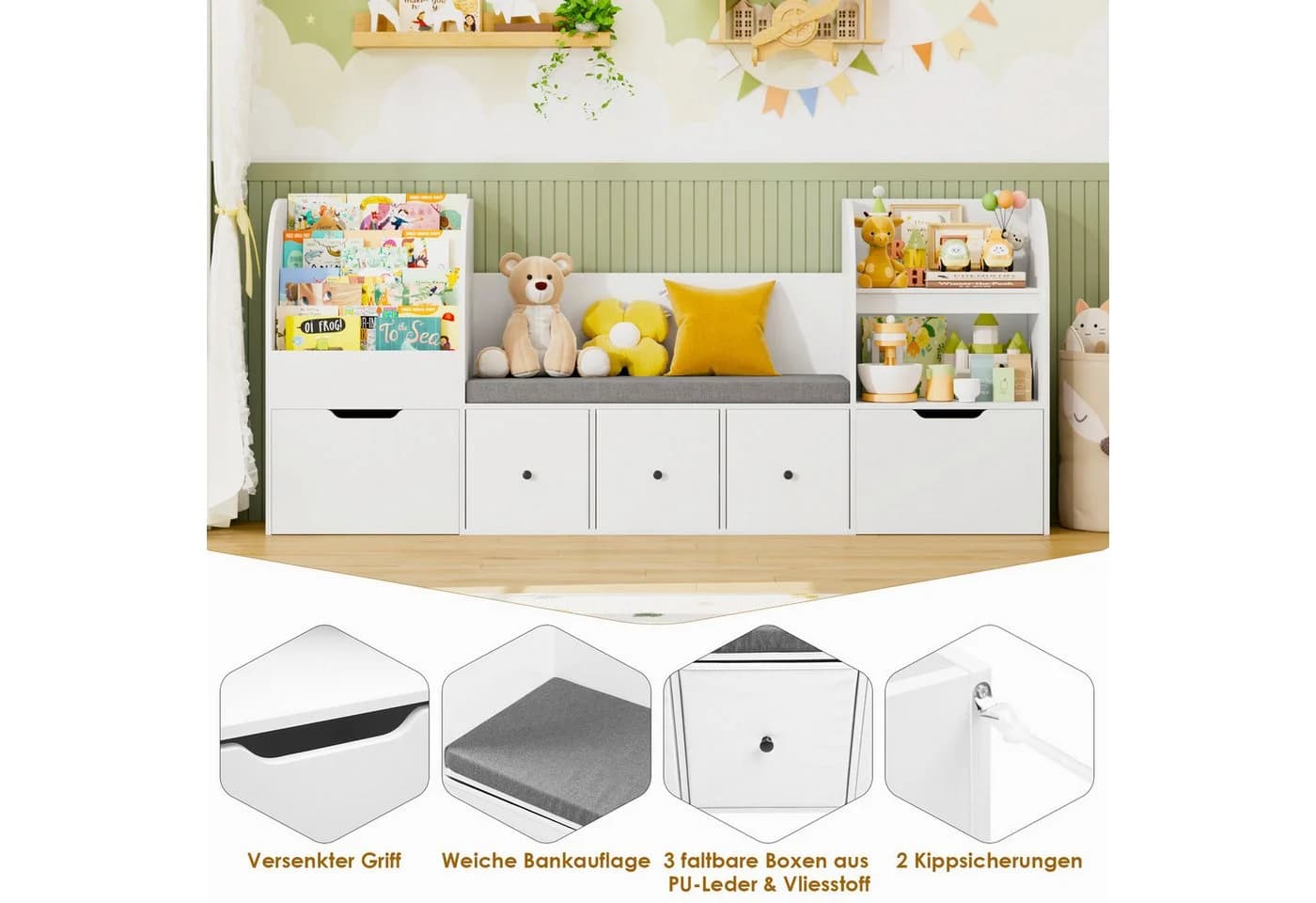 Homfa Kinderregal Sitzbank mit Schubladen & Stoffboxen Weiß/Grün - Bild 5
