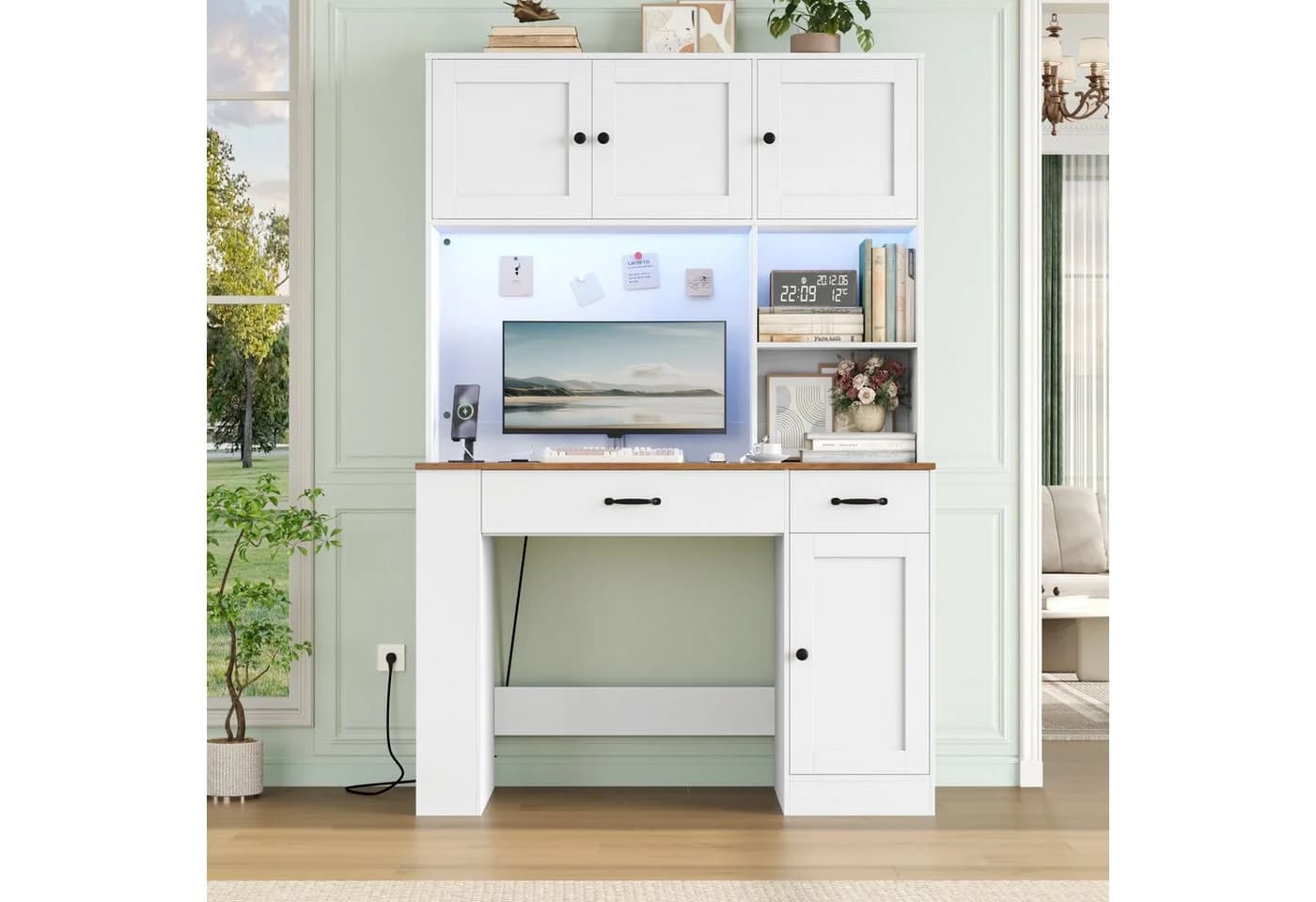 Homfa Schreibtisch mit LED, 2 Steckdosen & USB, 180cm, Bürotisch weiß mit Regal