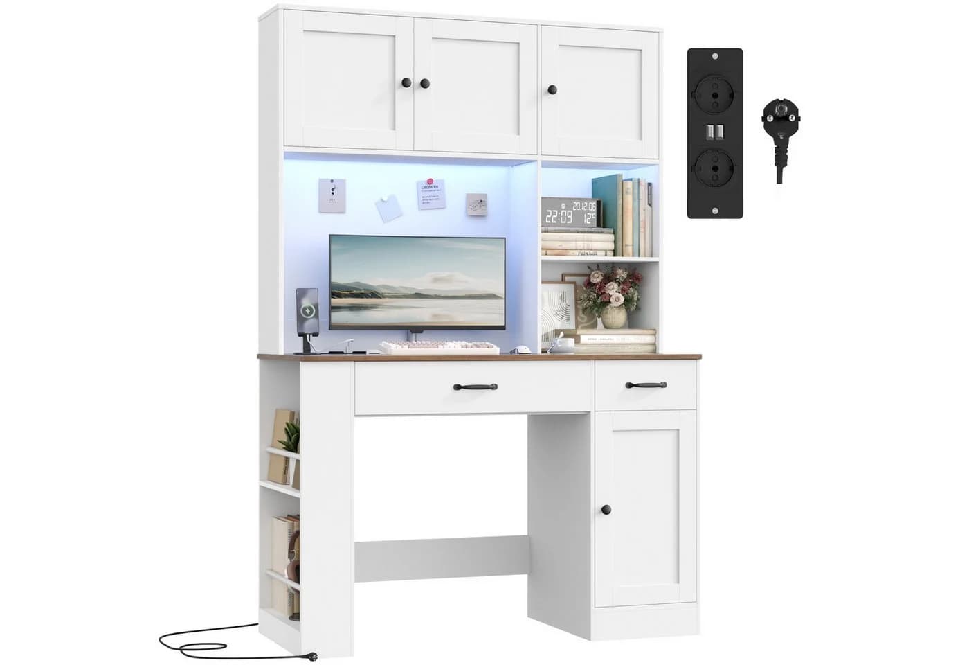 Homfa Schreibtisch mit LED, 2 Steckdosen & USB, 180cm, Bürotisch weiß mit Regal - Bild 2