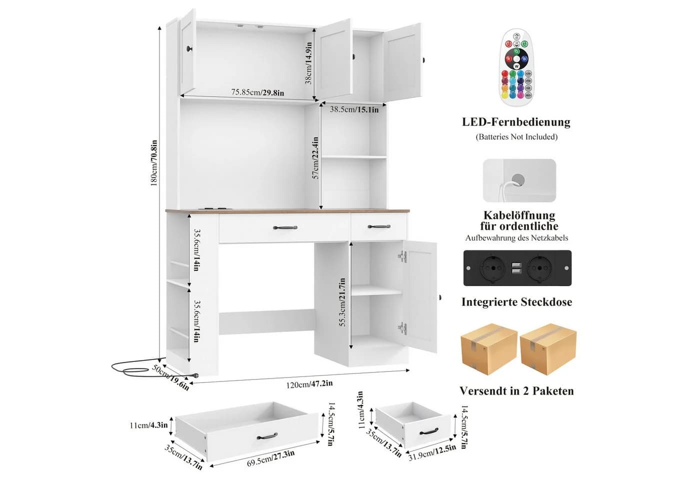 Homfa Schreibtisch mit LED, 2 Steckdosen & USB, 180cm, Bürotisch weiß mit Regal - Bild 3