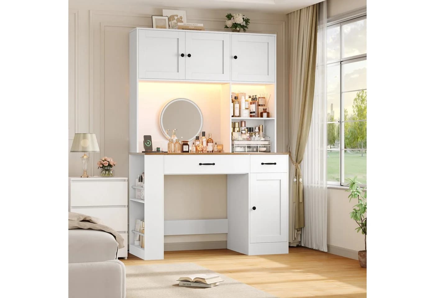 Homfa Schreibtisch mit LED, 2 Steckdosen & USB, 180cm, Bürotisch weiß mit Regal - Bild 4