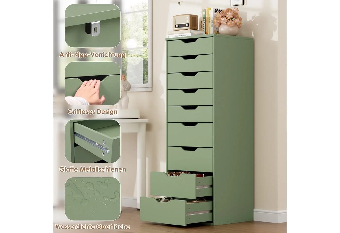 Homfa Hochkommode mit 9 Schubladen schmal grün - Bild 5