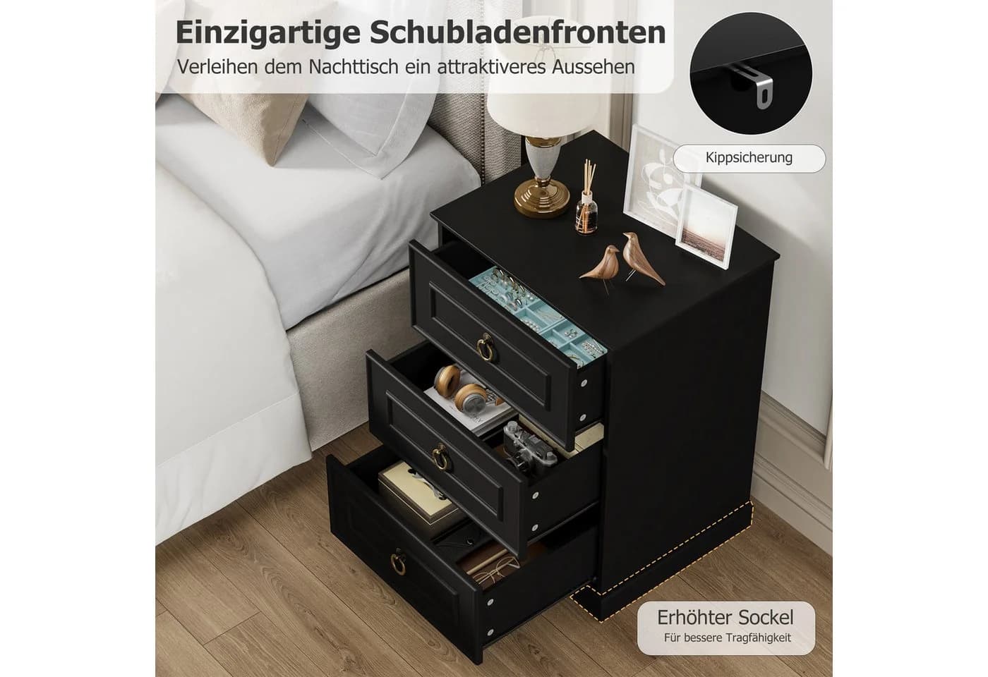 Homfa Nachttisch 2er Set Schwarz mit 3 Fächern - Bild 5
