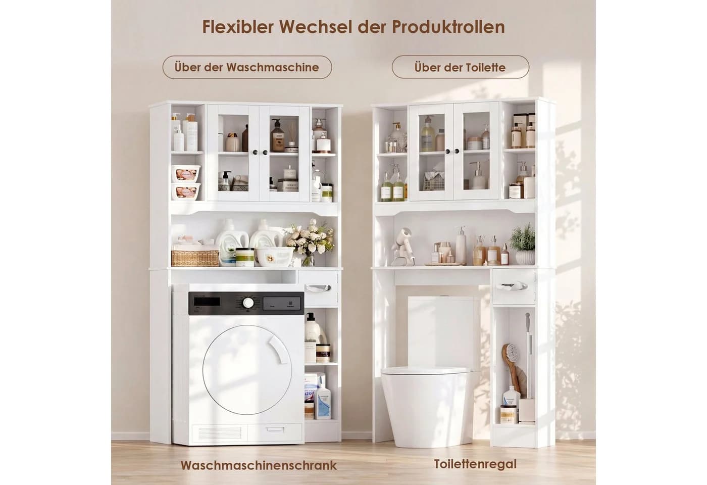 Homfa Badregal Weiß mit Glastüren und Toilettenpapierhalter