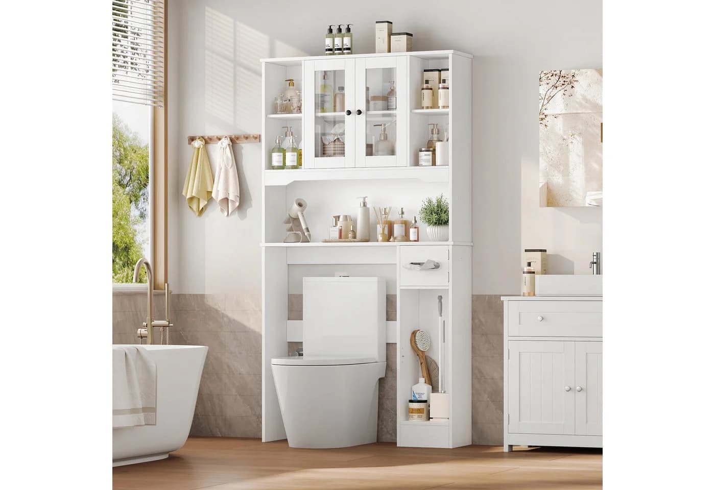 Homfa Badregal Weiß mit Glastüren und Toilettenpapierhalter - Bild 5