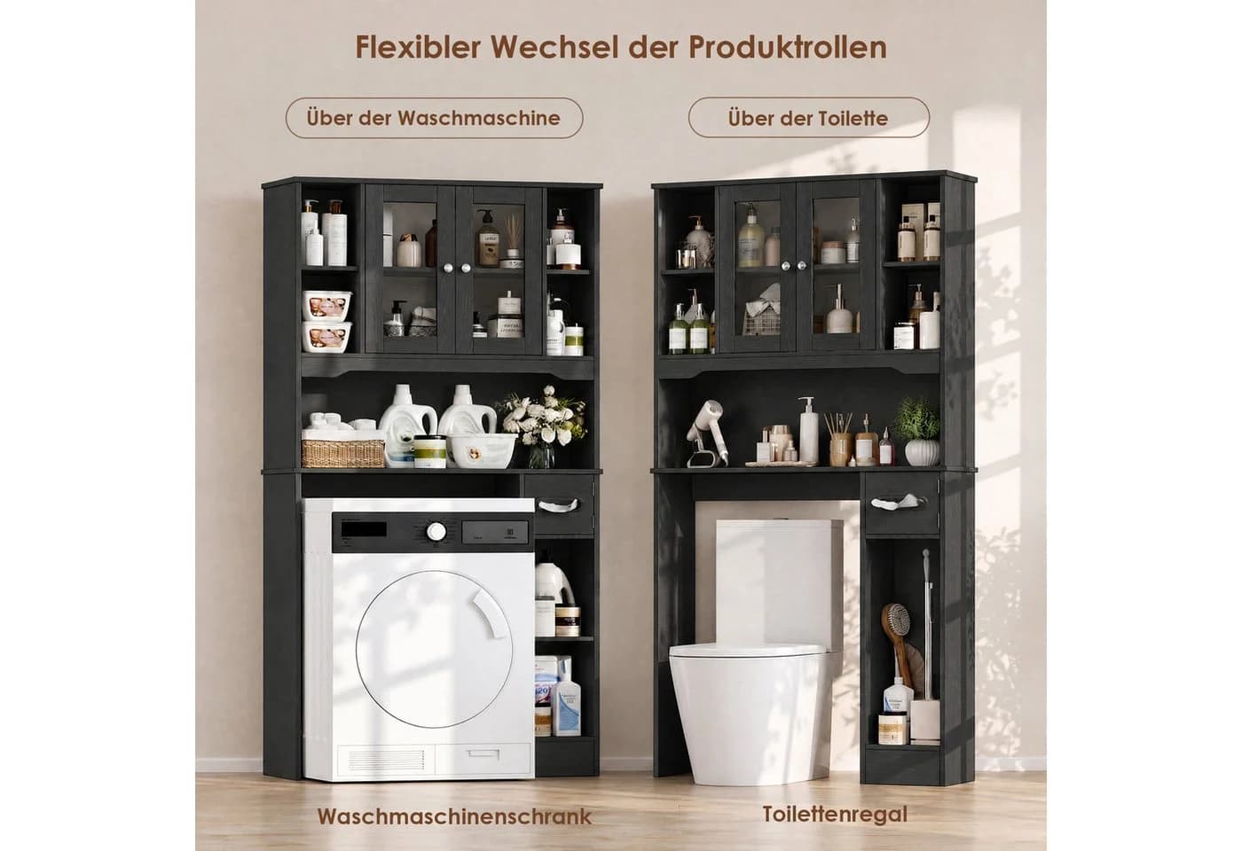 Homfa Badregal Toilettenregal mit Glastüren und Toilettenpapierhalter Schwarz