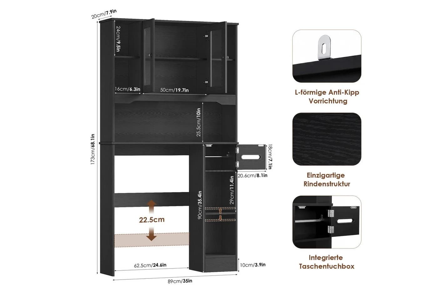 Homfa Badregal Toilettenregal mit Glastüren und Toilettenpapierhalter Schwarz - Bild 3