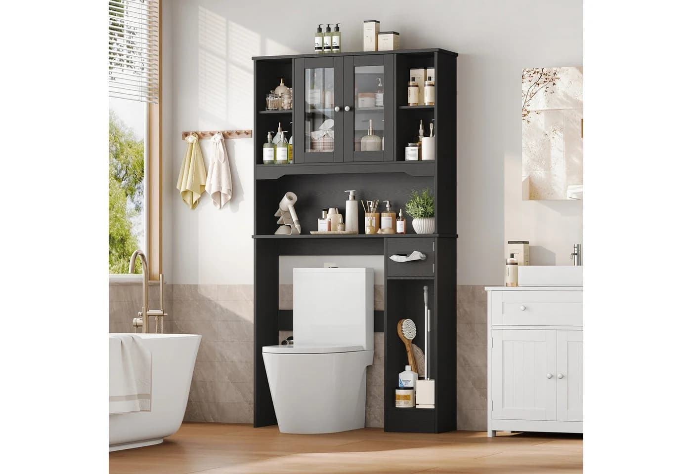 Homfa Badregal Toilettenregal mit Glastüren und Toilettenpapierhalter Schwarz - Bild 5