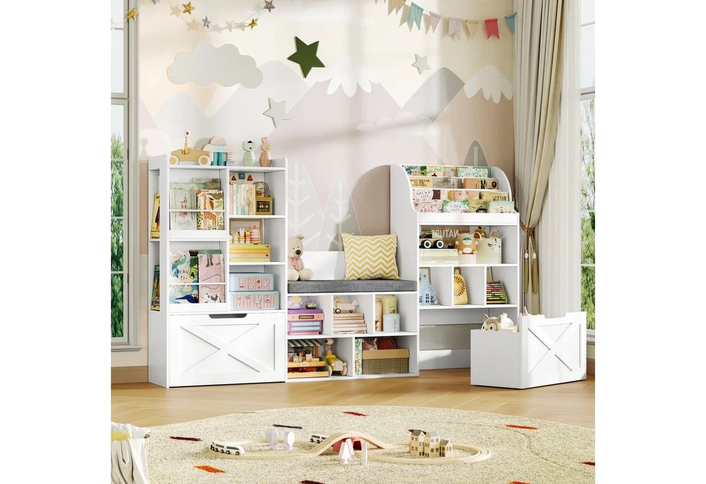 Homfa Kinderregal Sitzbank mit Schubladen & Rädern Weiß/Grün-Rosa