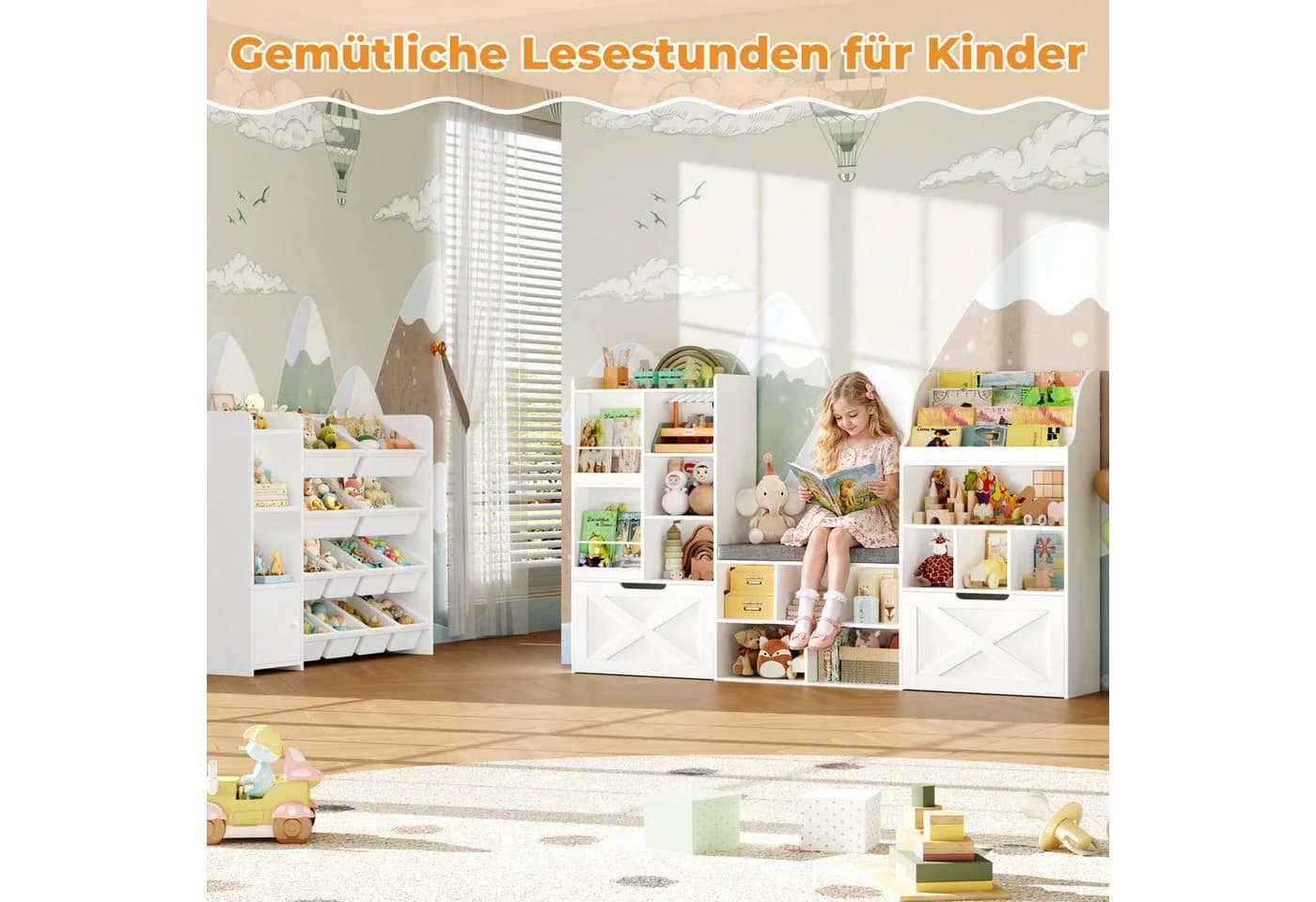 Homfa Kinderregal Sitzbank mit Schubladen & Rädern Weiß/Grün-Rosa - Bild 4