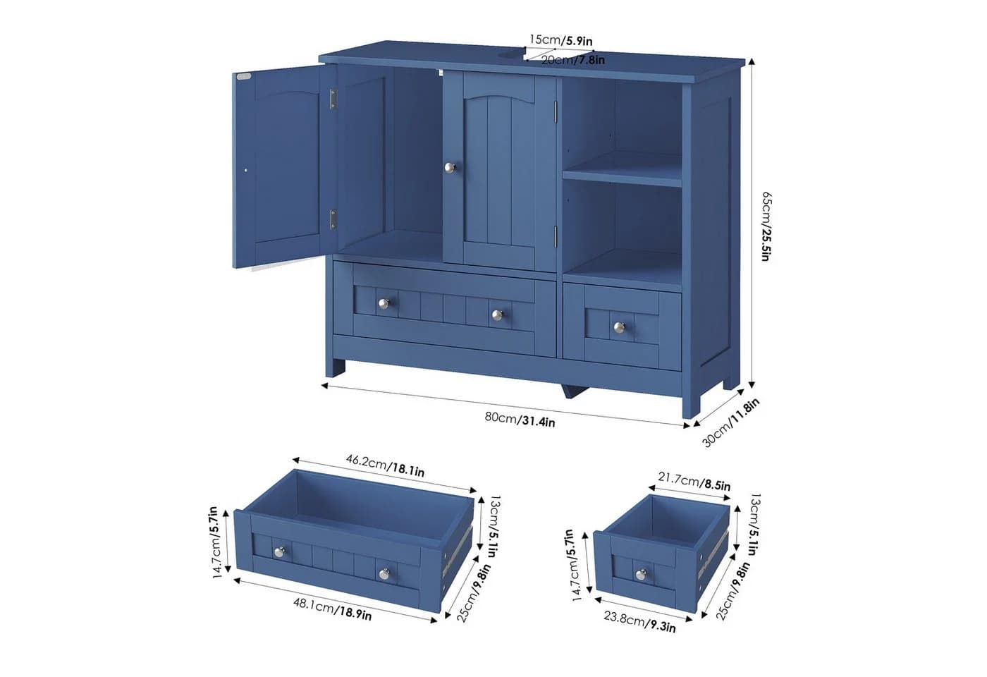 Homfa Waschbeckenunterschrank Blau mit 2 Schubladen und 2 Türen - Bild 3