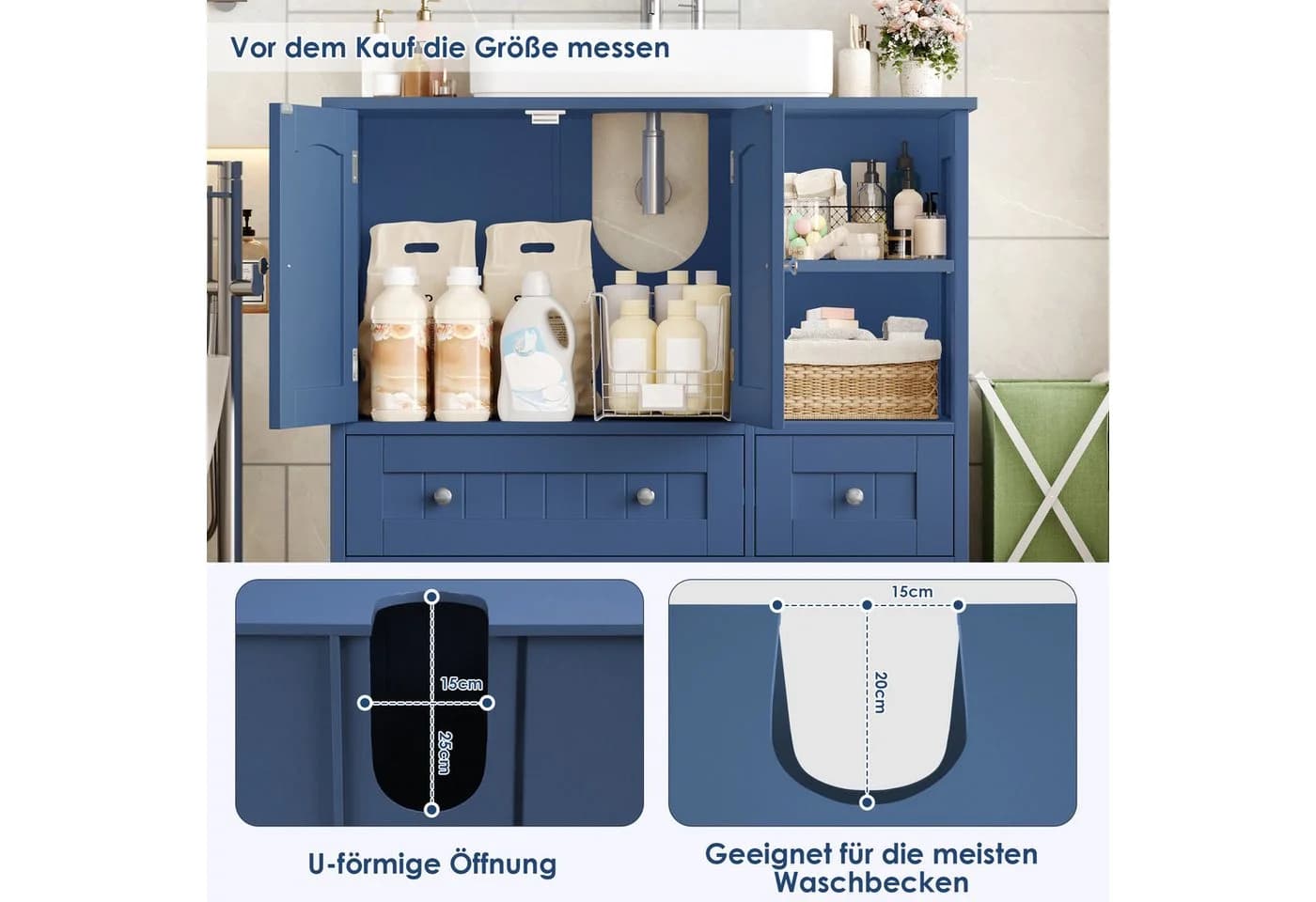 Homfa Waschbeckenunterschrank Blau mit 2 Schubladen und 2 Türen - Bild 5