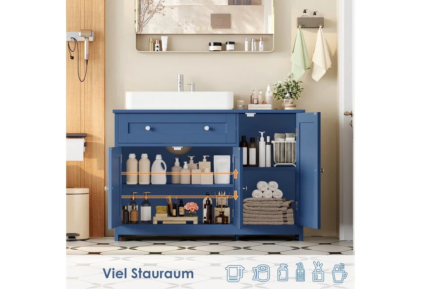 Homfa Waschbeckenunterschrank Blau mit 1 Schublade und 3 Türen - Bild 5