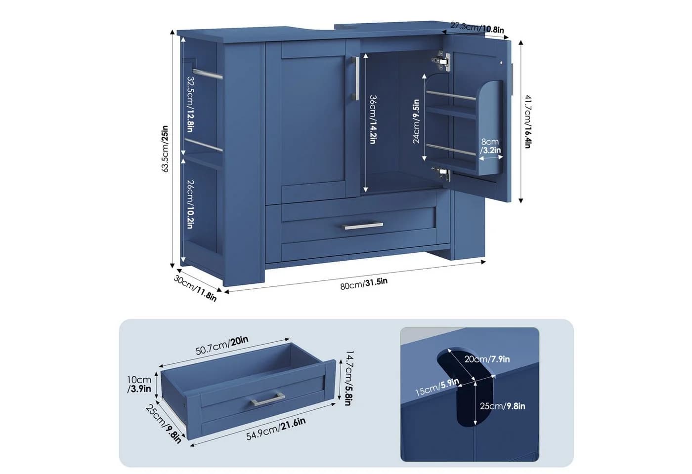 Homfa Waschbeckenunterschrank Blau 1 Schublade 2 Türen