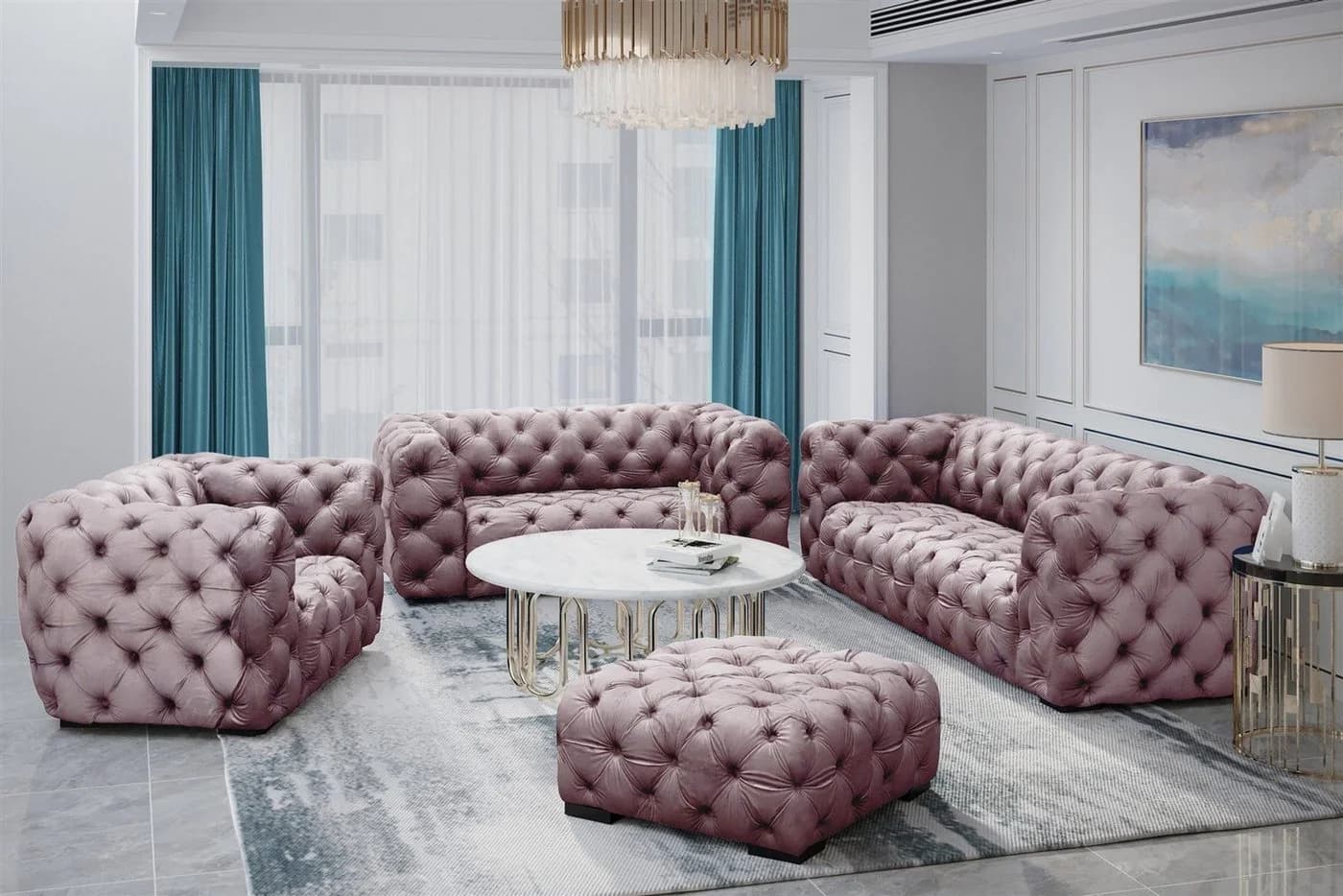 Fun Möbel Sofaset NATALIE 3-2-1 mit Hocker Rosa Plüschstoff