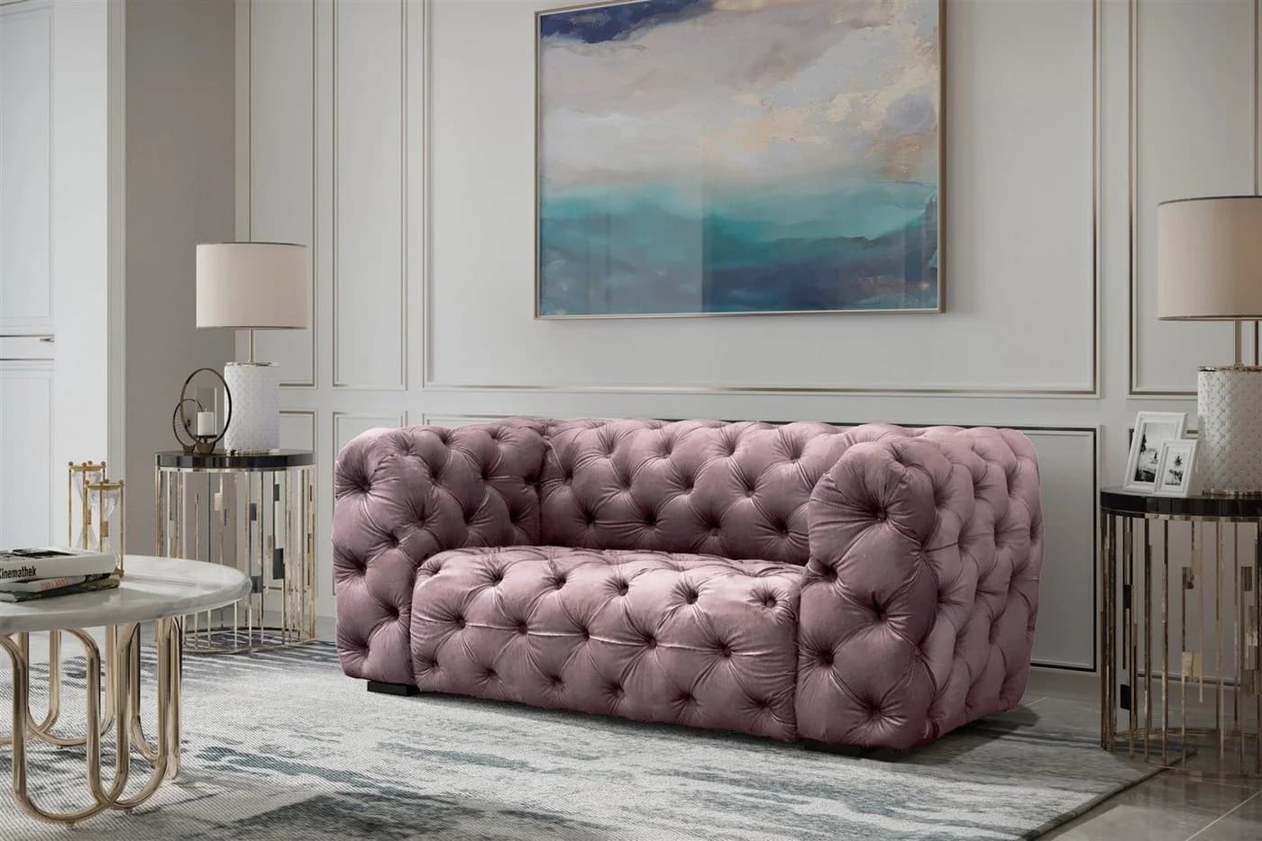 Fun Möbel Sofaset NATALIE 3-2-1 mit Hocker Rosa Plüschstoff - Bild 3