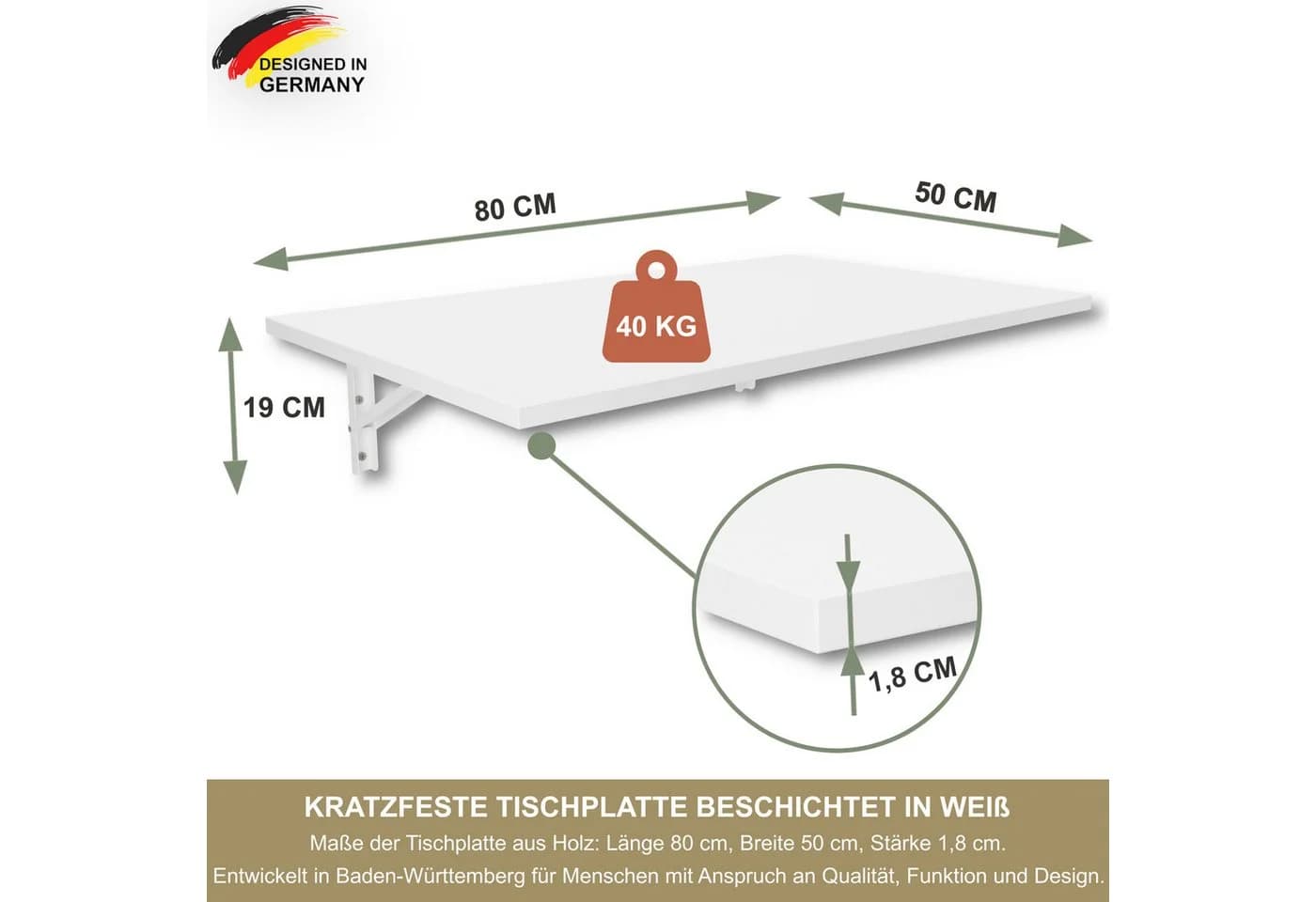 KDR Produktgestaltung Klapptisch 80x50 Wandklapptisch Weiß - Bild 5
