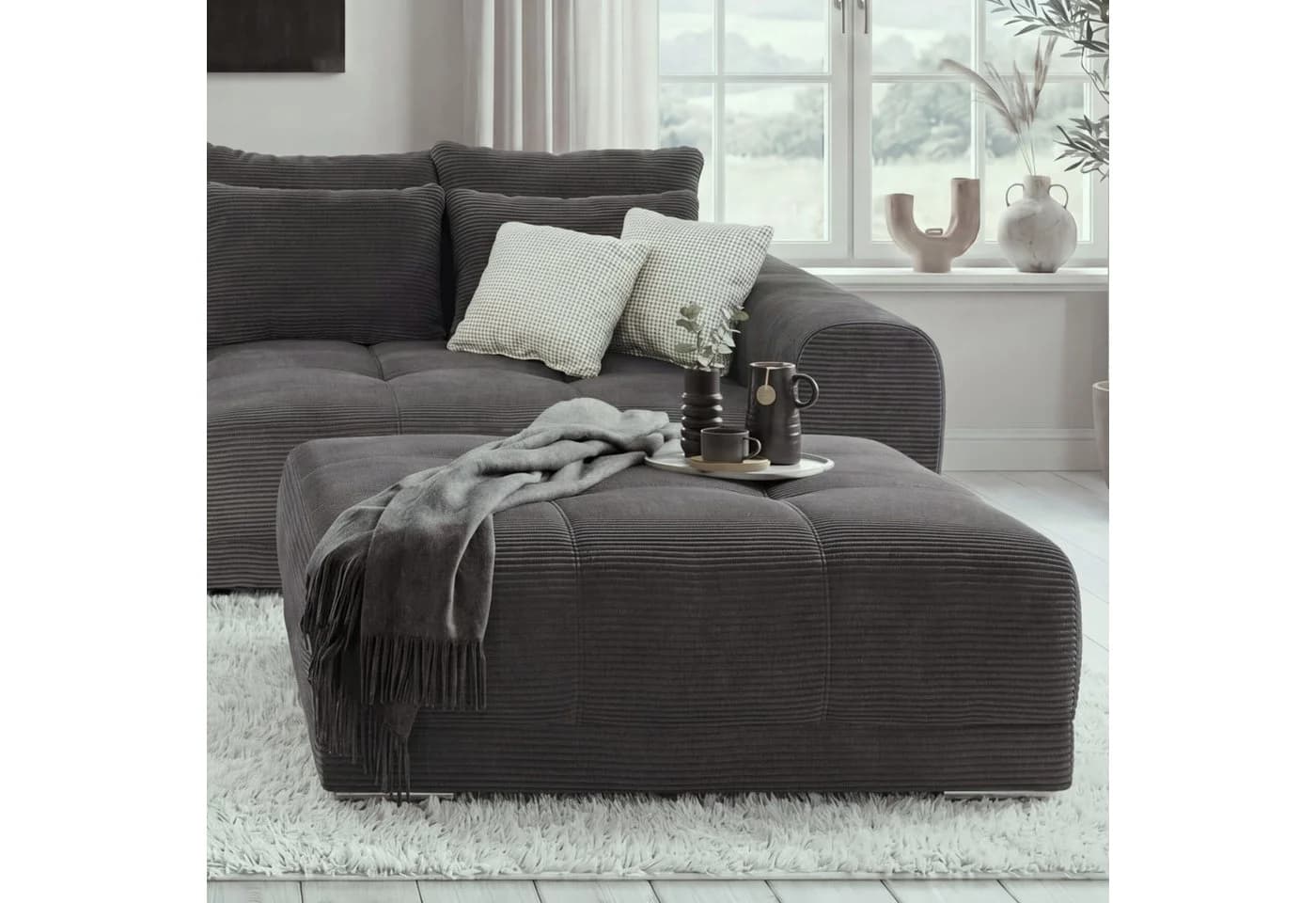 luma-home Polsterhocker 15175 XXL-Hocker Grau Anthrazit Cordstoff