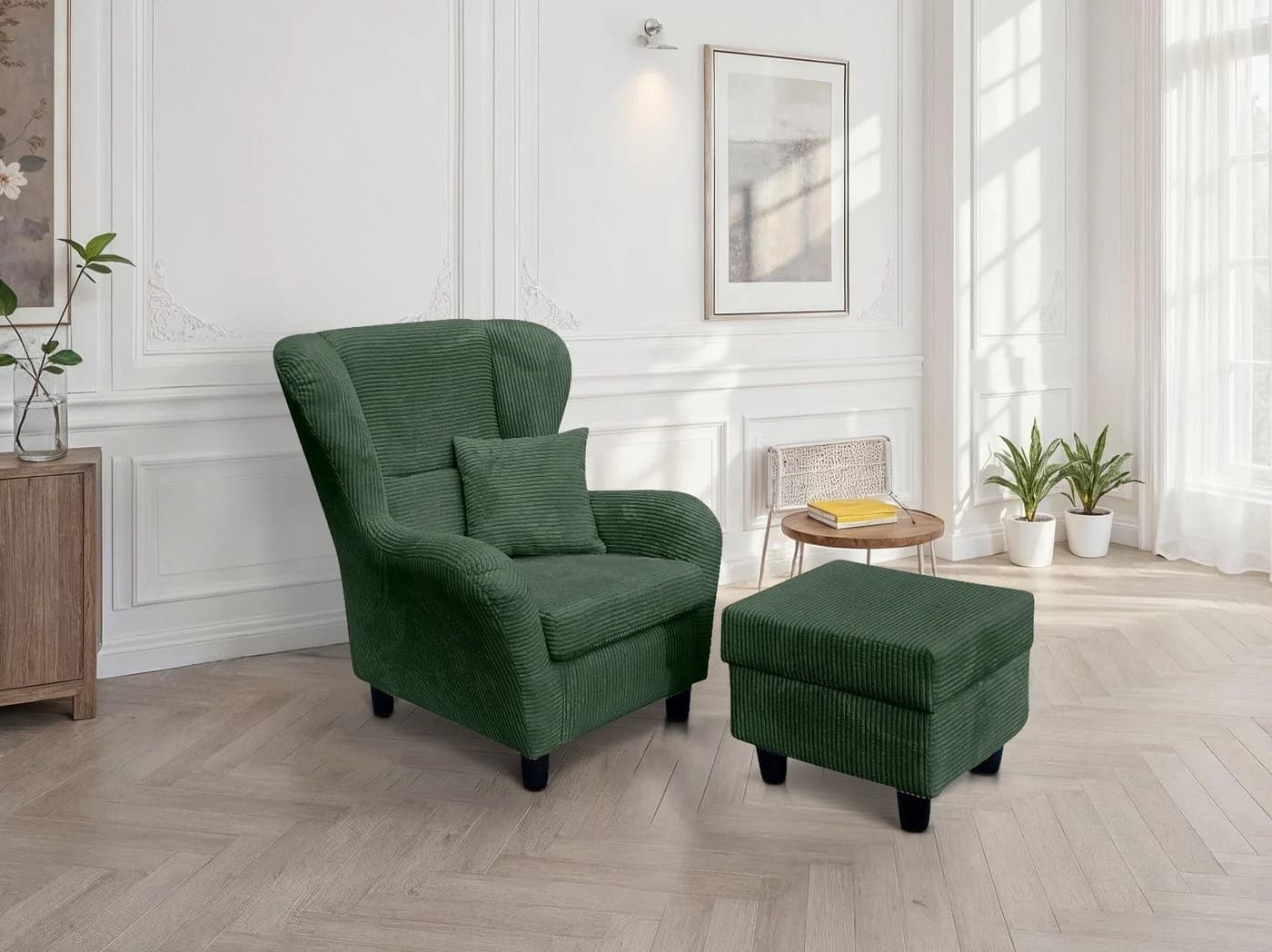 luma-home Ohrensessel 18018 Grün Lesesessel mit Hocker