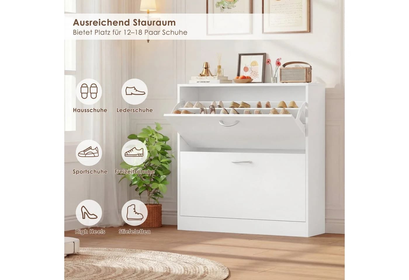 Homfa Schuhschrank 2/3 Klappen Weiß Holz 80/110 x 80 x 23,5 cm - Bild 4