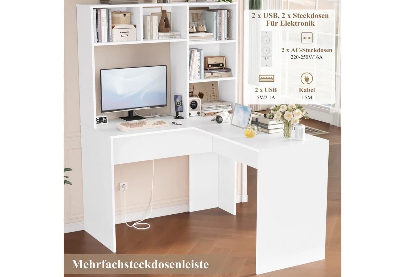 Homfa Eckschreibtisch L-förmig, Computertisch Bürotisch weiß 152cm - Bild 4
