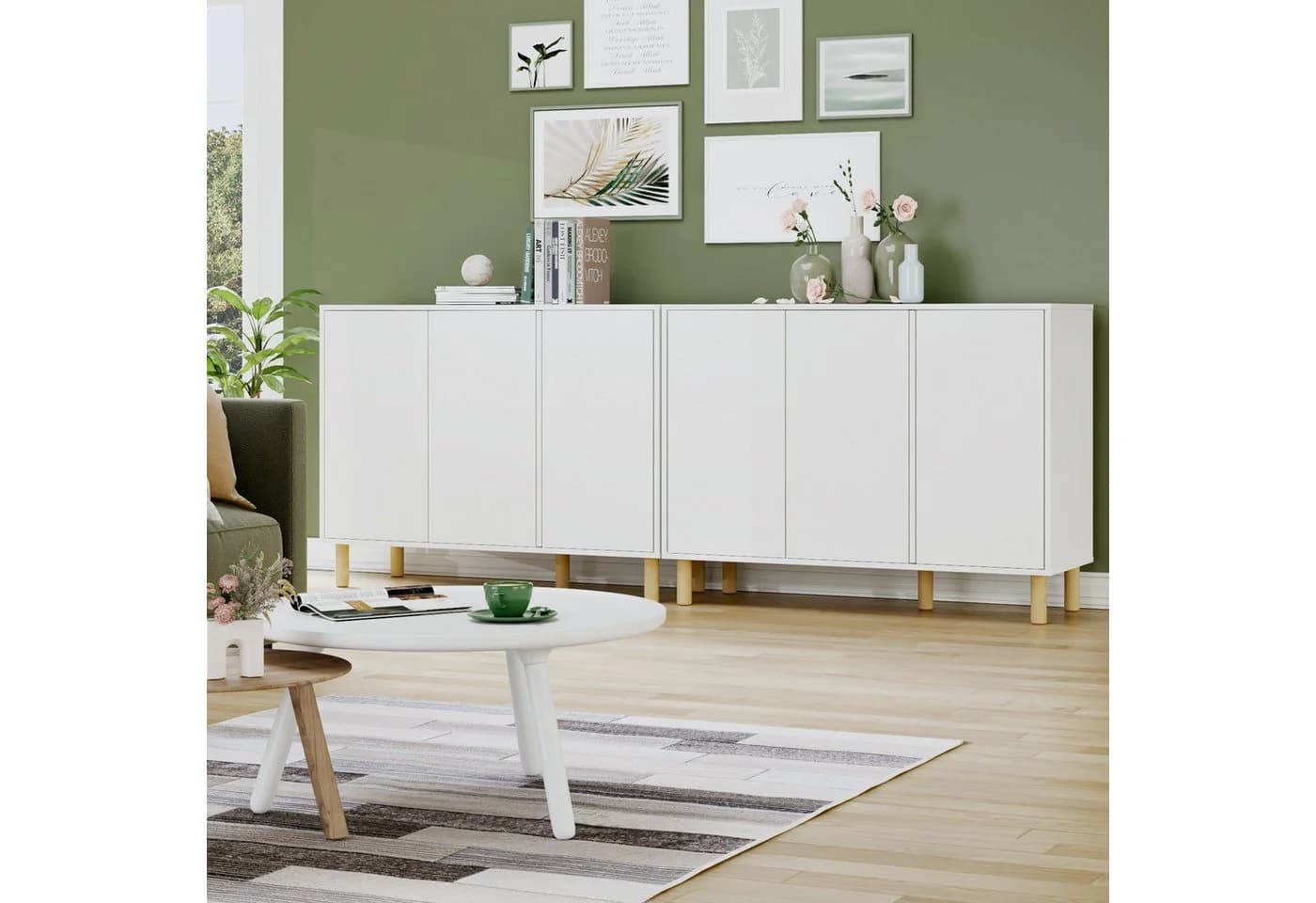 Homfa Sideboard Kommode 3 Türen Weiß Massivholz 107x40x80 cm