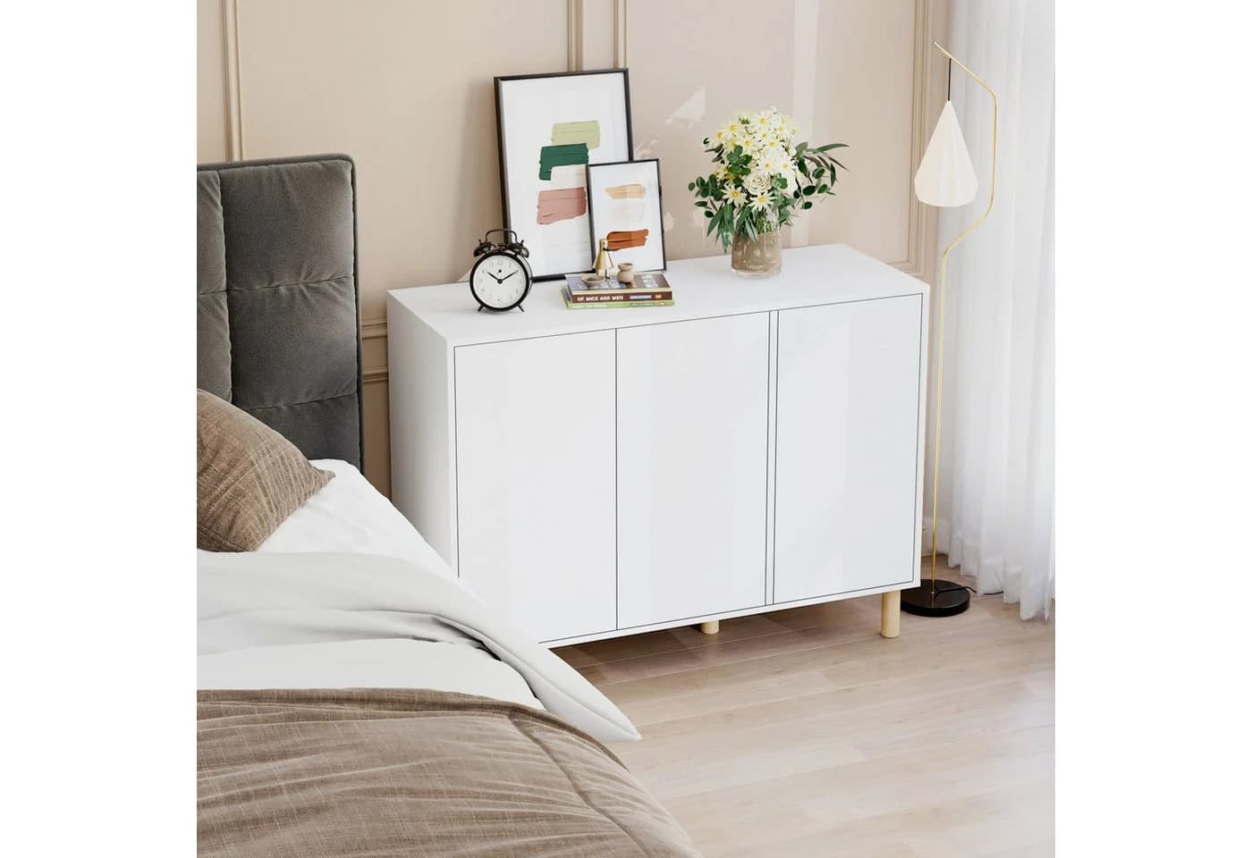 Homfa Sideboard Kommode 3 Türen Weiß Massivholz 107x40x80 cm - Bild 3
