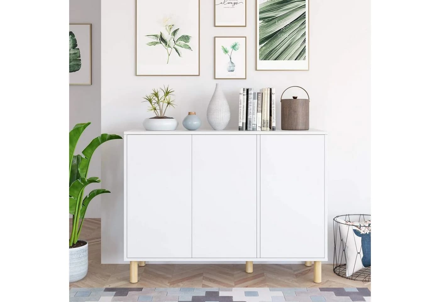 Homfa Sideboard Kommode 3 Türen Weiß Massivholz 107x40x80 cm - Bild 4
