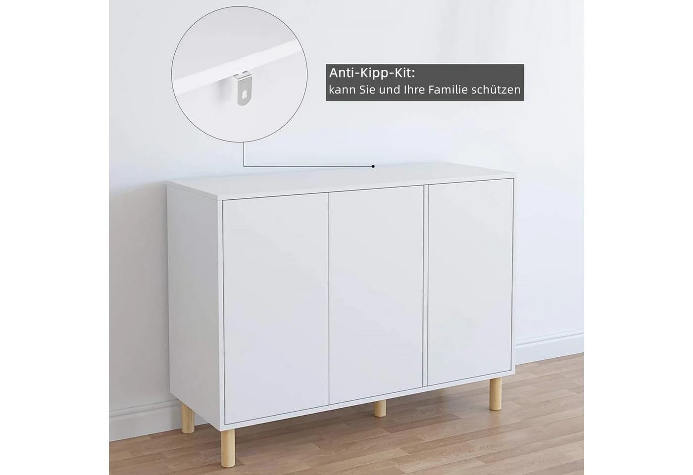 Homfa Sideboard Kommode 3 Türen Weiß Massivholz 107x40x80 cm - Bild 5