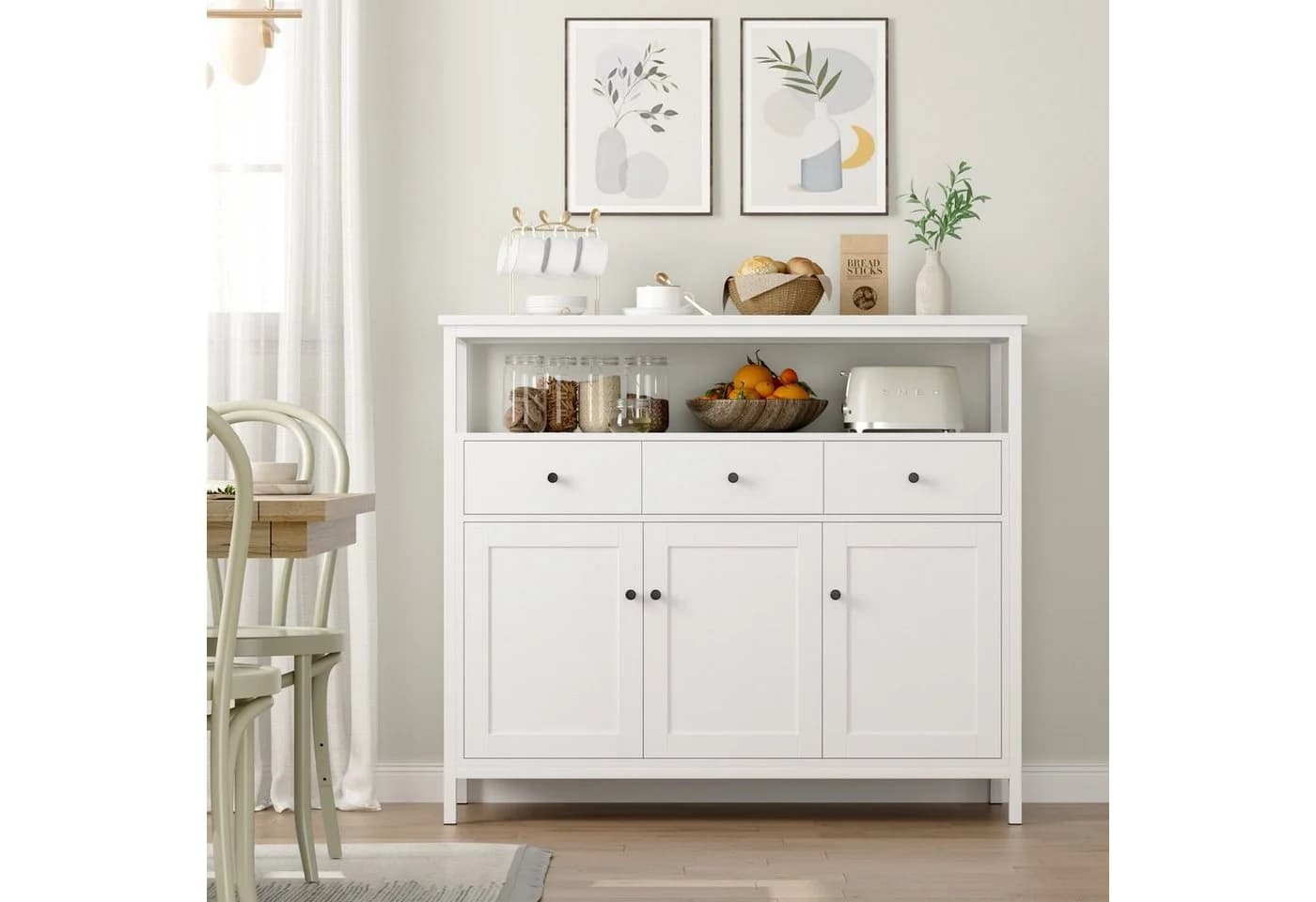 Homfa Sideboard Küchenschrank 3 Schubladen 3 Türen Weiß