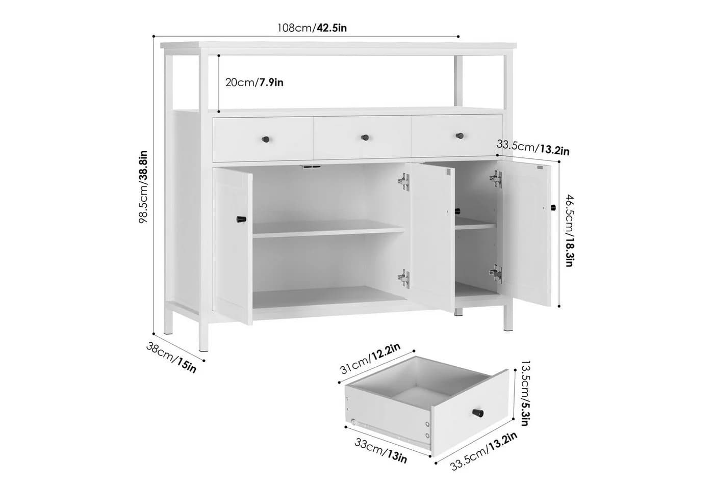 Homfa Sideboard Küchenschrank 3 Schubladen 3 Türen Weiß - Bild 4
