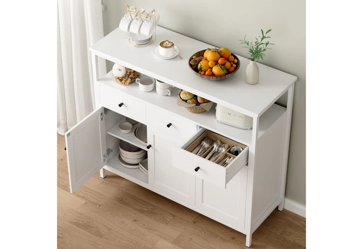 Homfa Sideboard Küchenschrank 3 Schubladen 3 Türen Weiß - Bild 5
