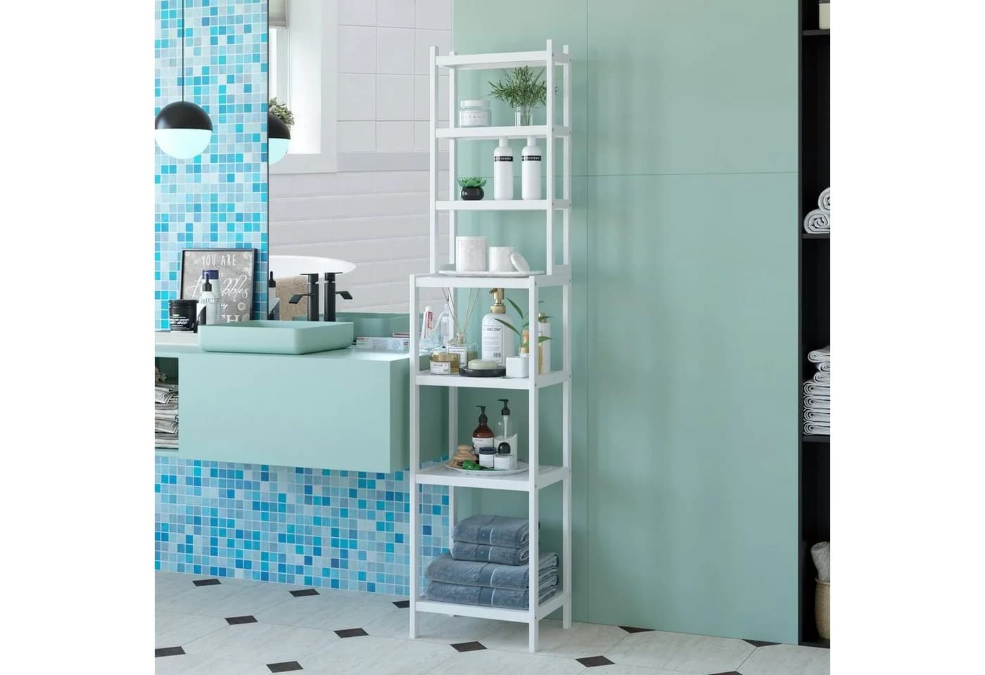 Homfa Badregal 2-IN-1 Design Standregal Schmal 7 Ablagen 160x36x28cm - Bild 4