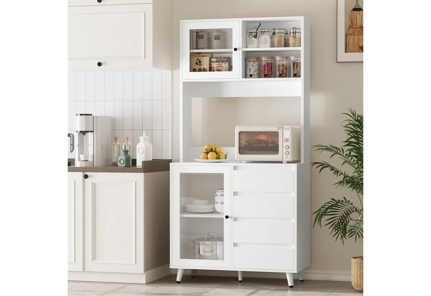 Homfa Küchenbuffet Küchenschrank Hochschrank mit Arbeitsplatte und 4 Schubladen, Weiß 80x40x180 cm