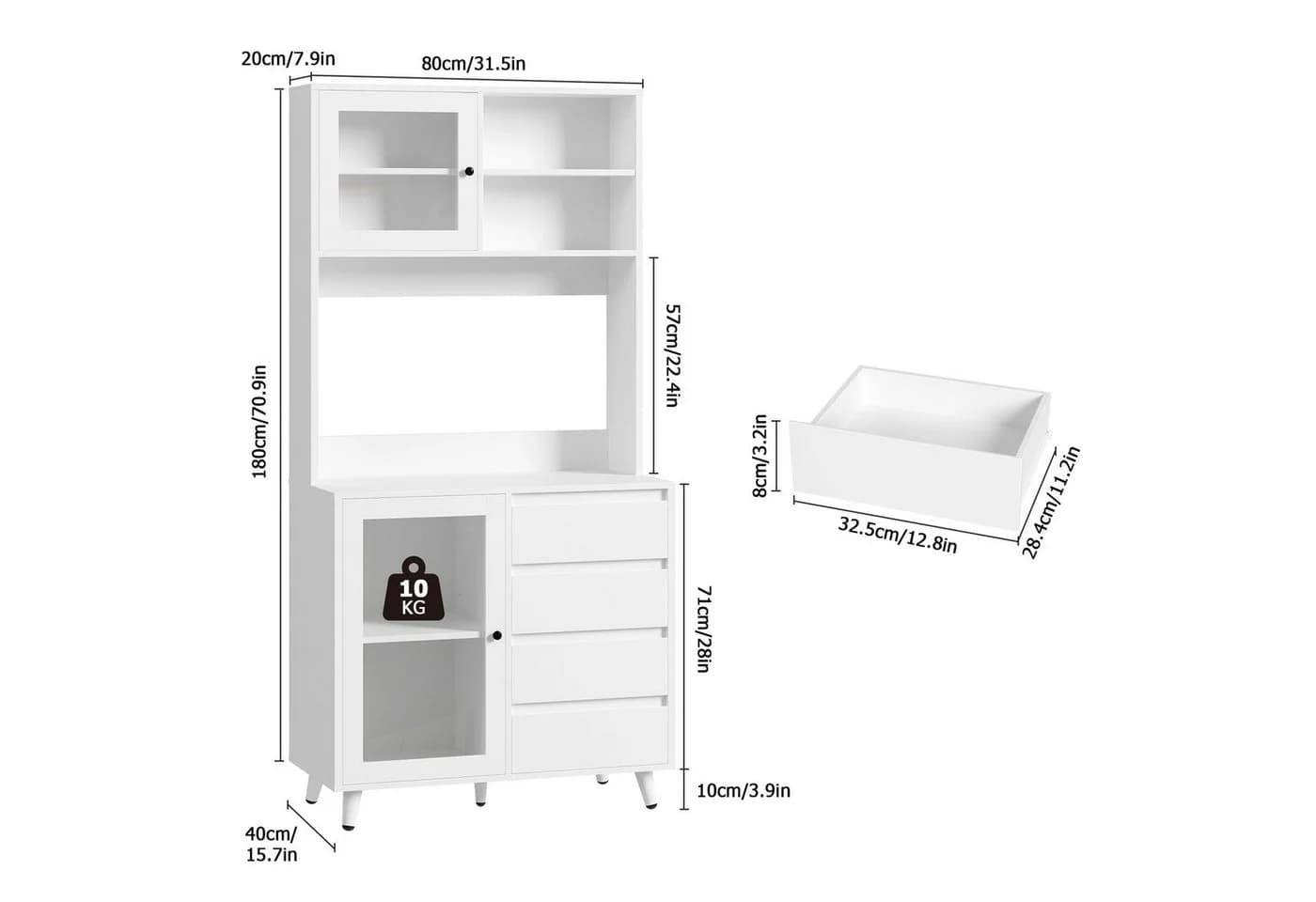 Homfa Küchenbuffet Küchenschrank Hochschrank mit Arbeitsplatte und 4 Schubladen, Weiß 80x40x180 cm - Bild 4