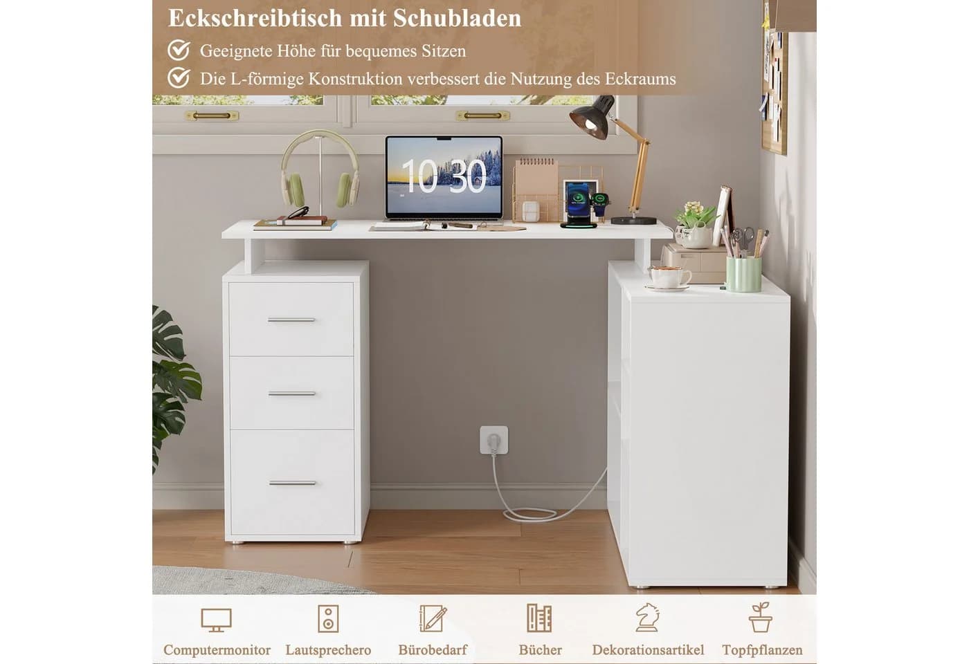 Homfa L-förmiger Schreibtisch 129x104 cm Weiß - Bild 4
