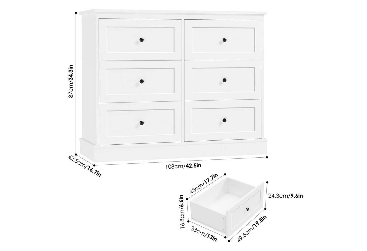 Homfa Kommode Weiß Sideboard 6 Schubladen Schlafzimmer Wohnzimmer - Bild 5