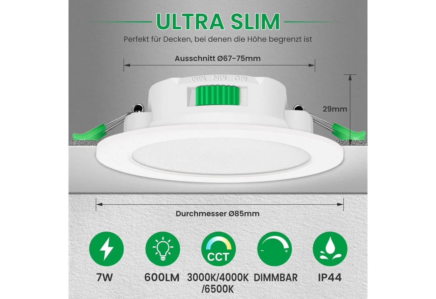ALUSSO LED Einbaustrahler 6er-Set 7W Deckenleuchte 68mm Flach Dimmbar Weiß