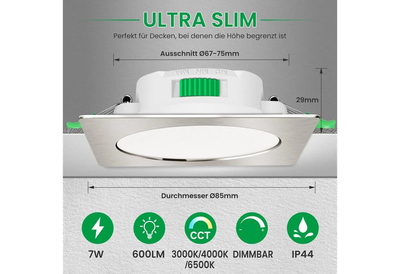 ALUSSO LED Einbaustrahler 6er-Set 7W Deckenleuchte 68mm Flach Dimmbar Nickel