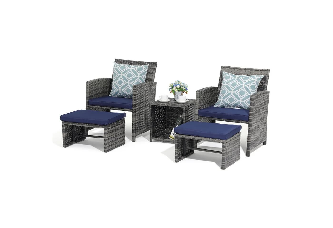 JOIVI Balkonset 5-tlg. Rattan Gartenmöbel-Set Blau