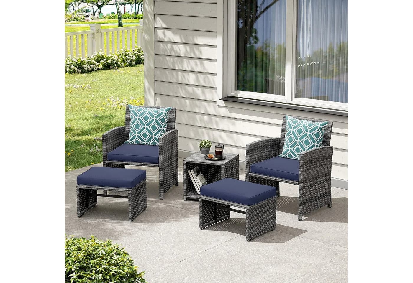 JOIVI Balkonset 5-tlg. Rattan Gartenmöbel-Set Blau - Bild 2