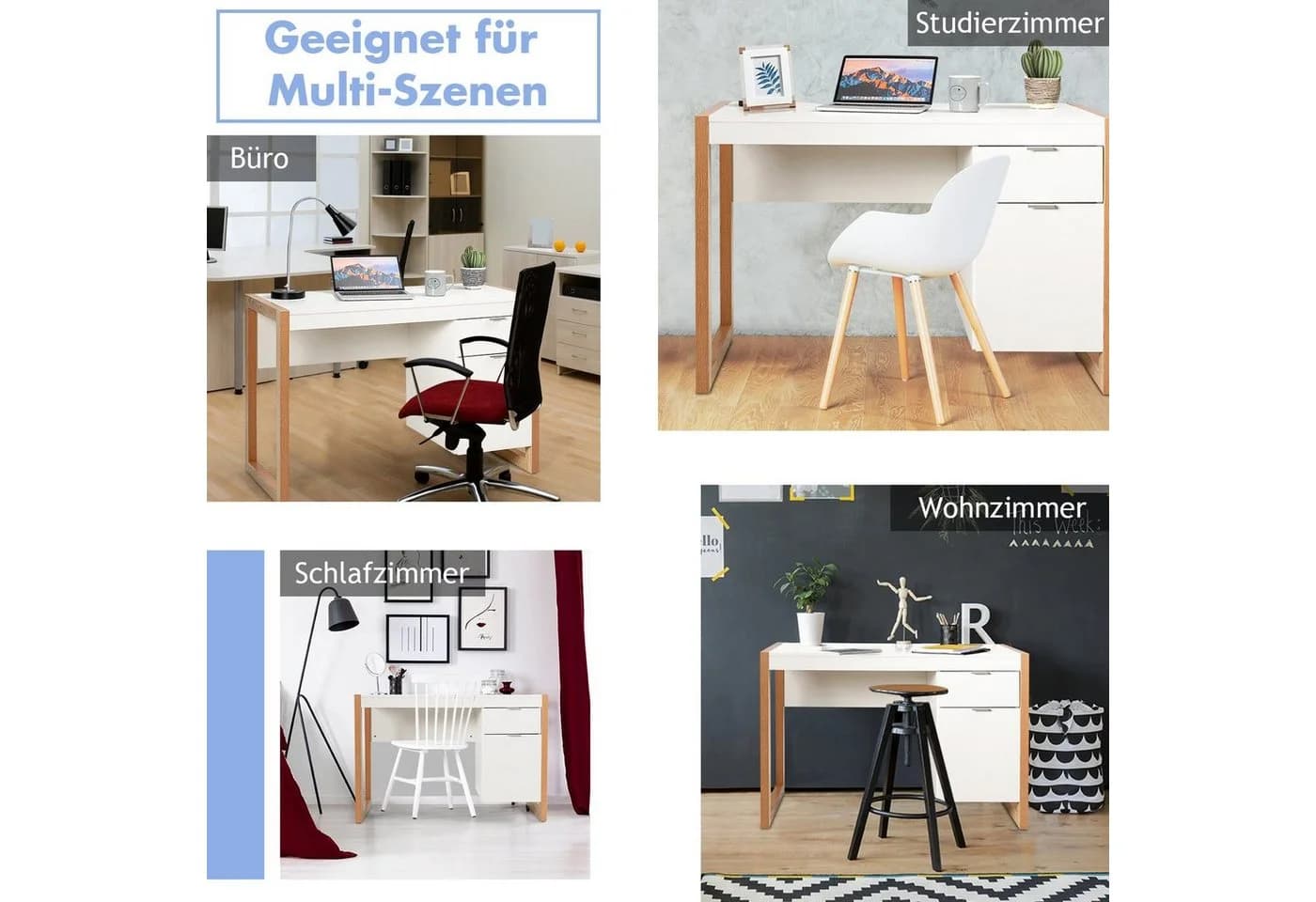 COSTWAY Schreibtisch mit Schubladen und Aufbewahrungsschrank Weiß - Bild 4